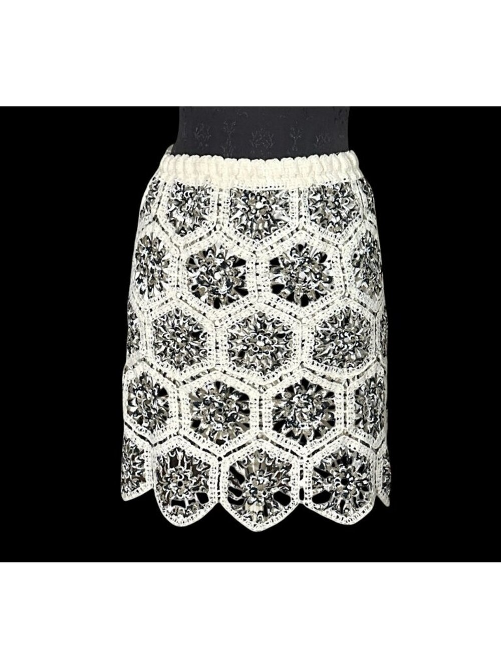 G & D Crochet Knit Mini Skirt Large Cream Black Stretch Lined Grannycore Boho